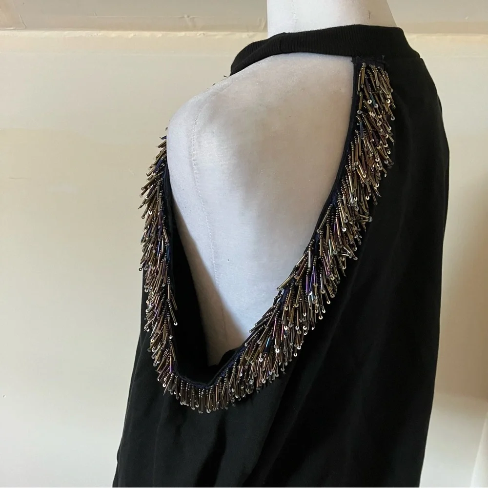 Stellah Black Beaded Cutout Shoulder Crew Neck Sweater size Large - Picture 7 of 10